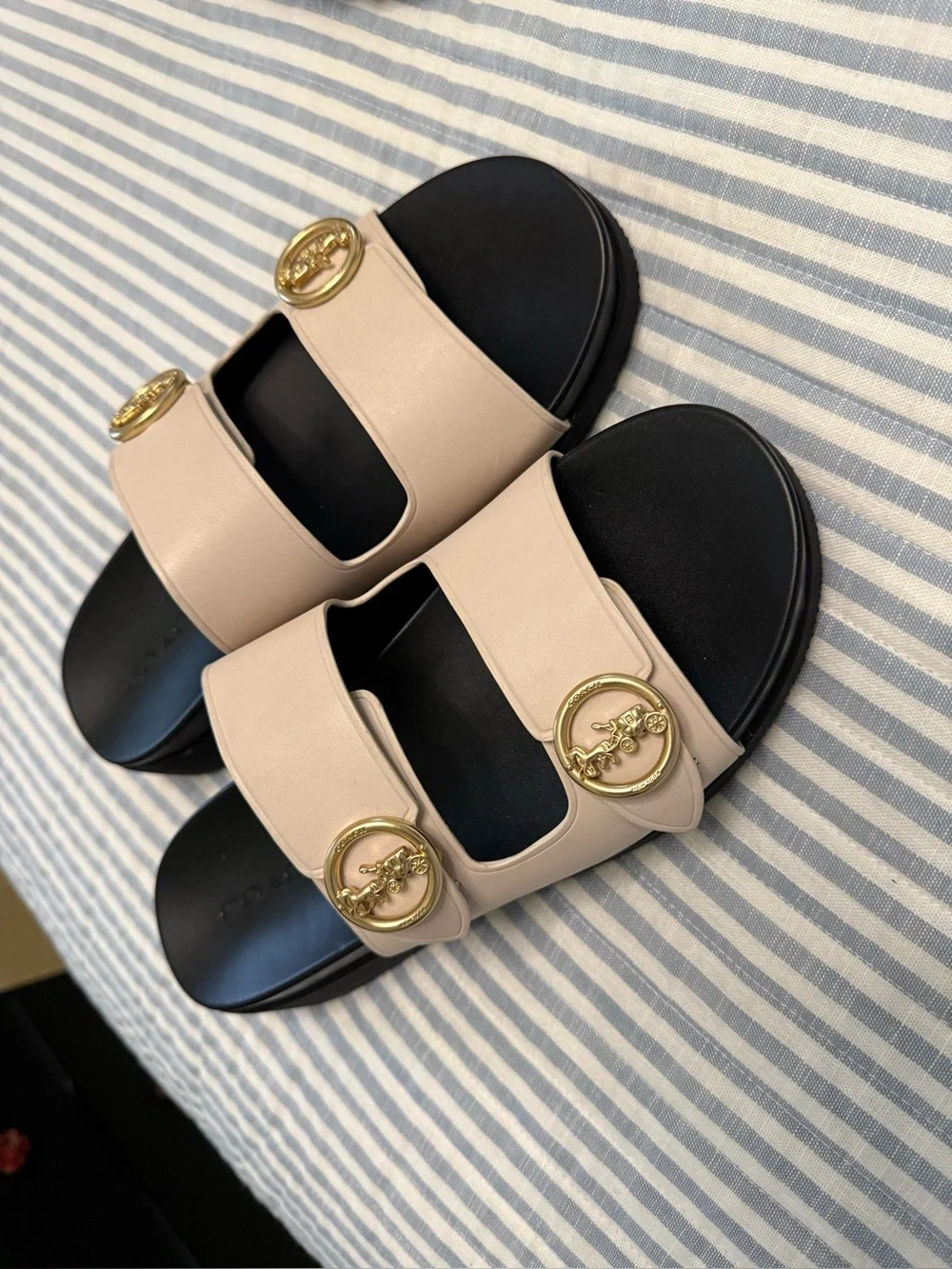 Coach Women's Beige Double-Strap Slide Sandals with Gold Buckles